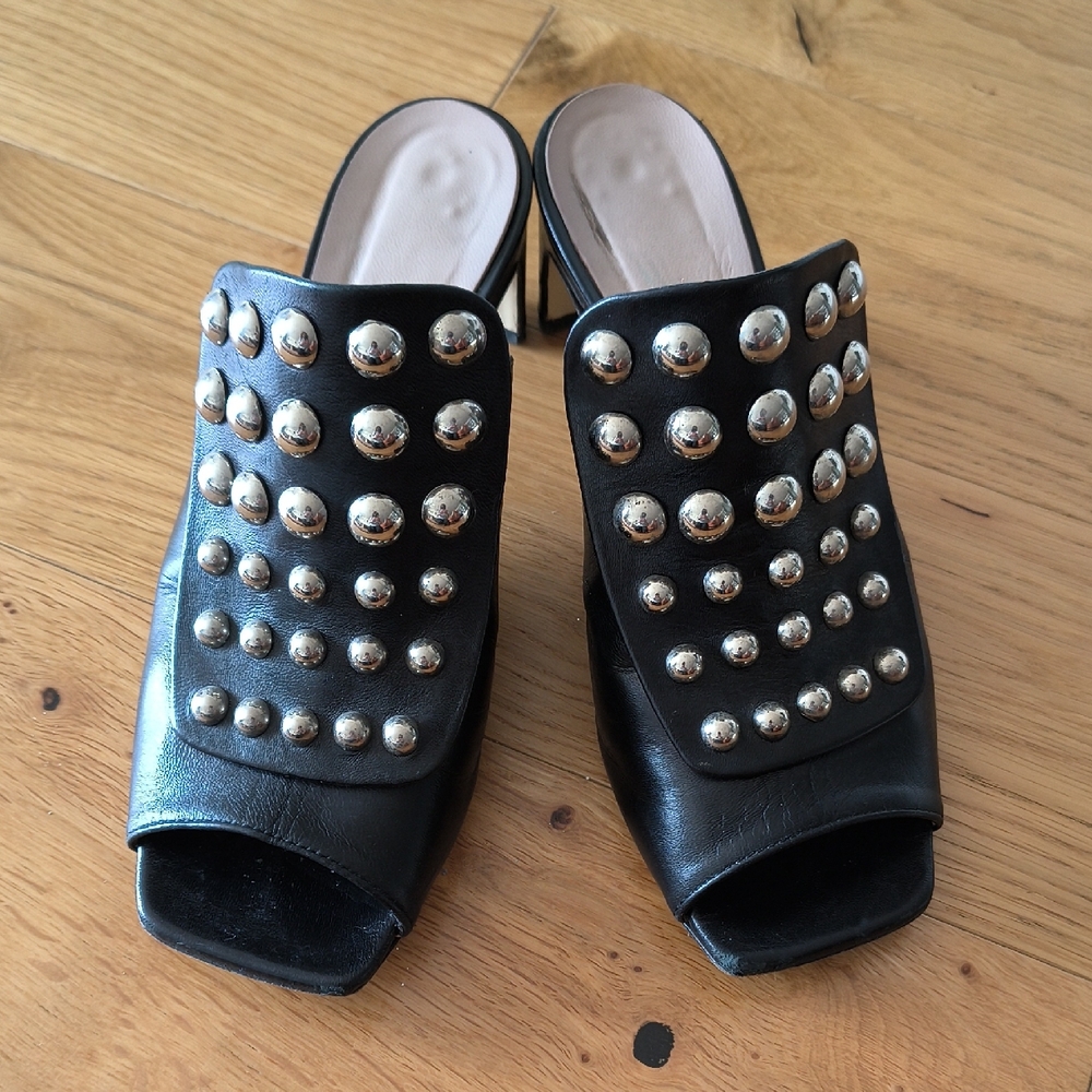 Black Studded Open-Toe Mule Heels - Women